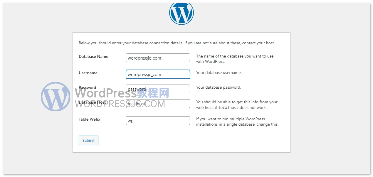安装WordPress填写数据库信息